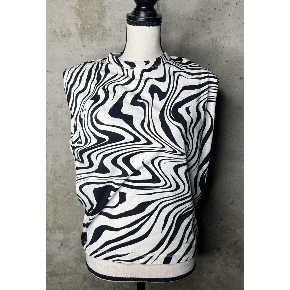 Sandro Black & White Abstract Wave Print Sleeveless Shell
